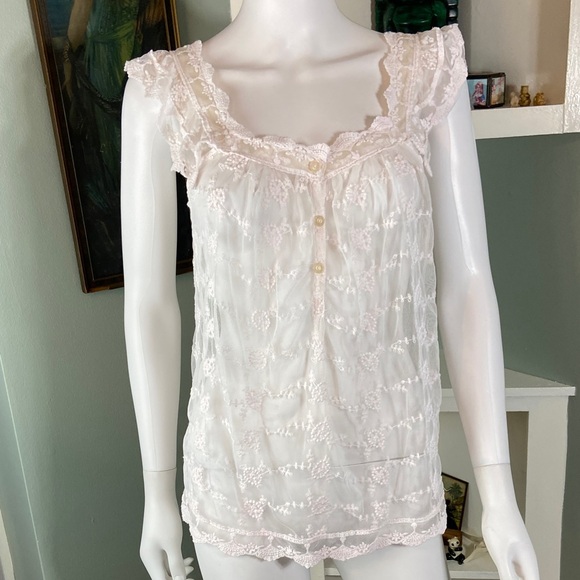 Pinky Tops - Pinky White Lace sheer Button Tank Top mesh embroidered romantic floral medium M